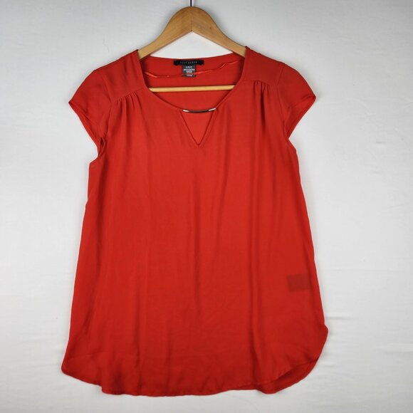 Suzy Shier blood orange Cap Sleeve Sheer Keyhole Blouse S - Picture 2 of 6